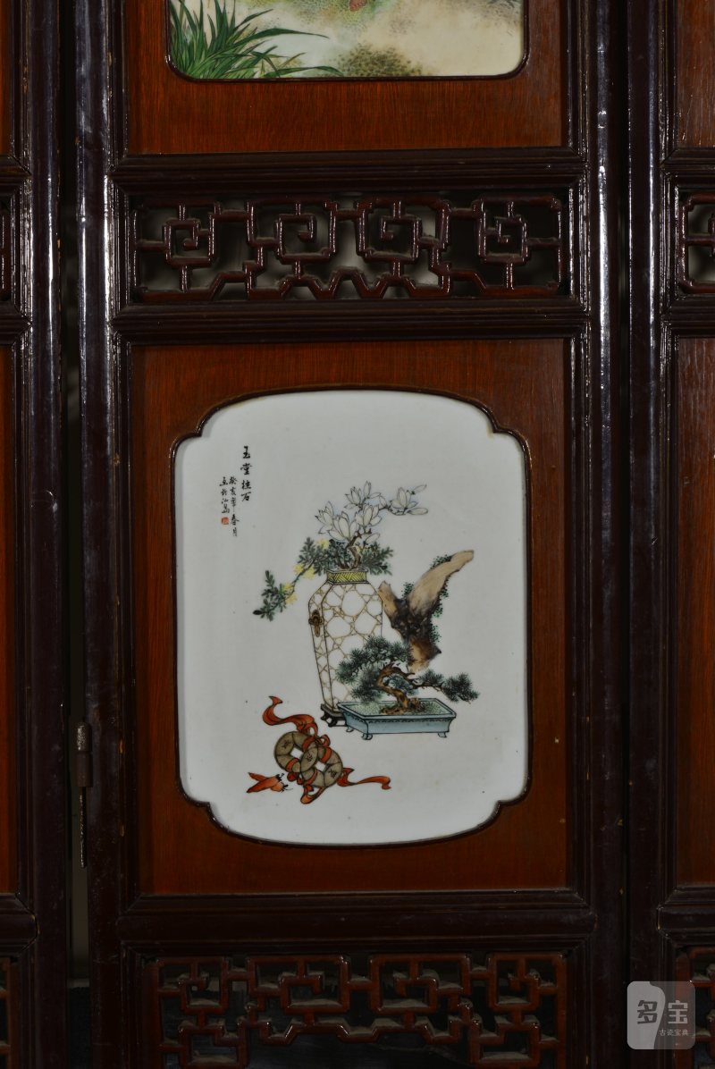 近现代 魏焕明、余少良合作双面粉彩山水人物八联落地大屏风 - 图30